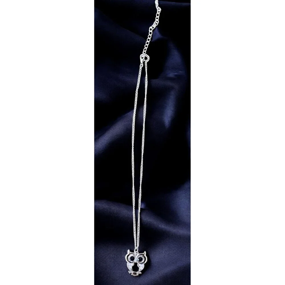Vintage Owl Necklace Pendant 18 in Chain Extender Black Crystal Eyes Accents EUC